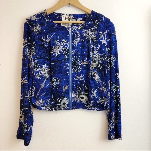 Jaase Jackets & Blazers - Jaase Boho Floral Cropped Blue Black Zipper Jacket